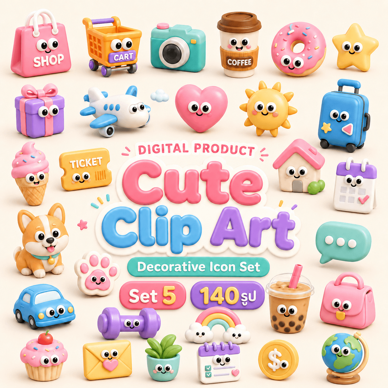 Set5 3D Icon 140 PNG Stickers for Social Media