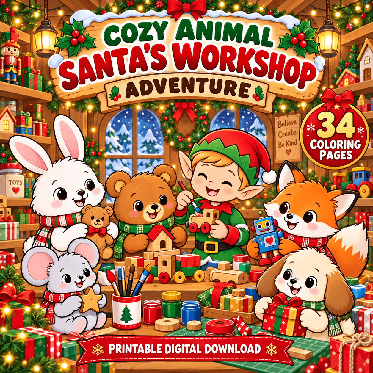Cozy Animal Santa's Workshop Coloring Pages – สมุดระบายสีคริสต์มาส 34 ภาพ PNG