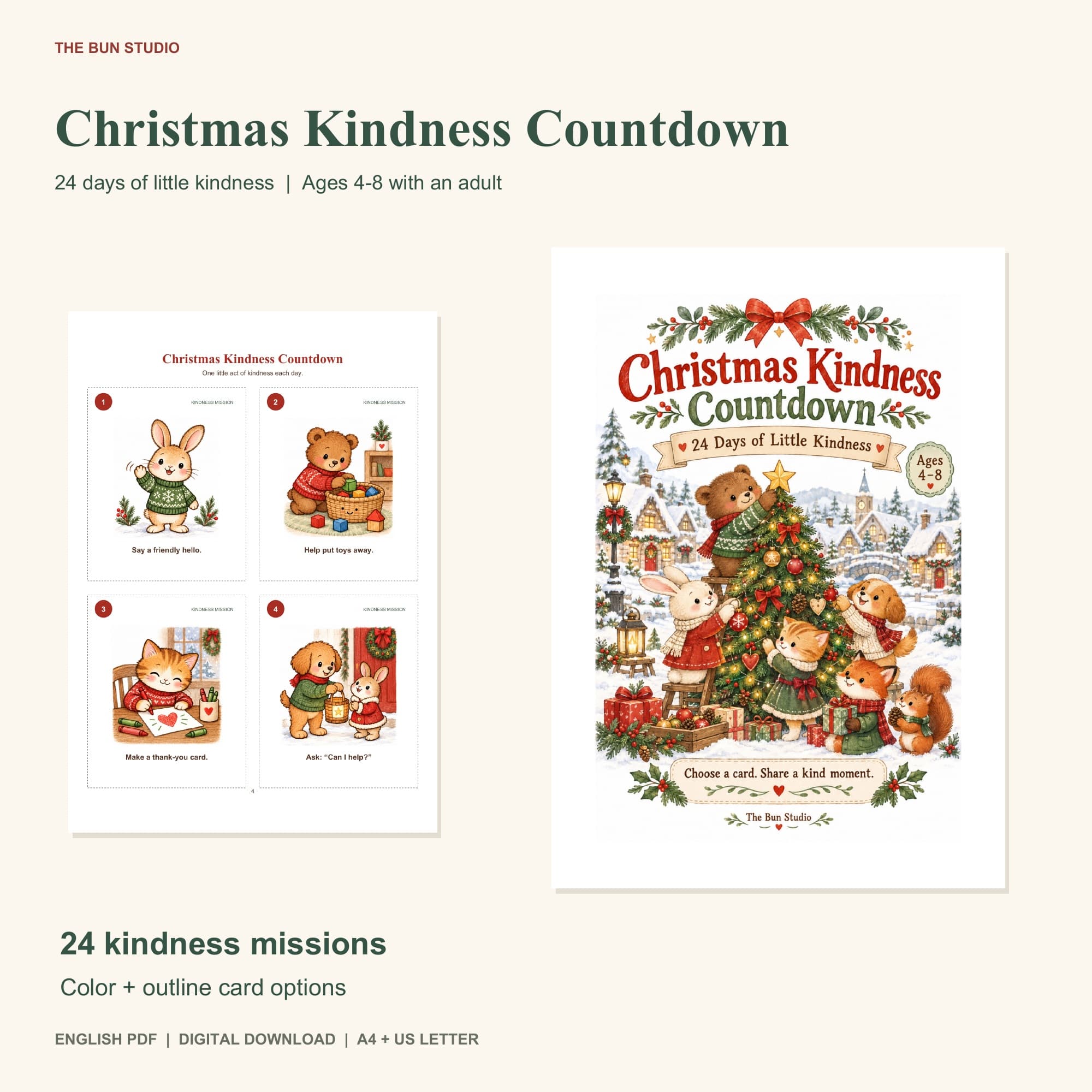 Christmas Kindness Countdown - การ์ดภารกิจความใจดี 24 วัน สำหรับเด็ก 4-8 ปี (ไฟล์ภาษาอังกฤษ)